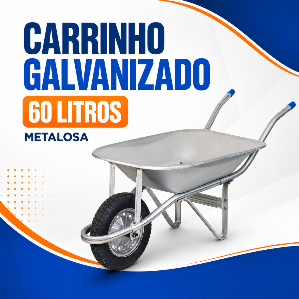 Carrinho de Mão Construtor Galvanizado 60 Litros Metalosa com Pneu