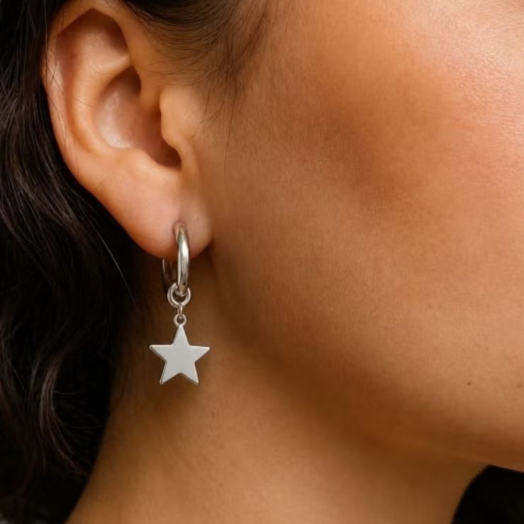 Brinco argolinha de clic em aço ixox pingentes borboleta estrela e árvore da vida