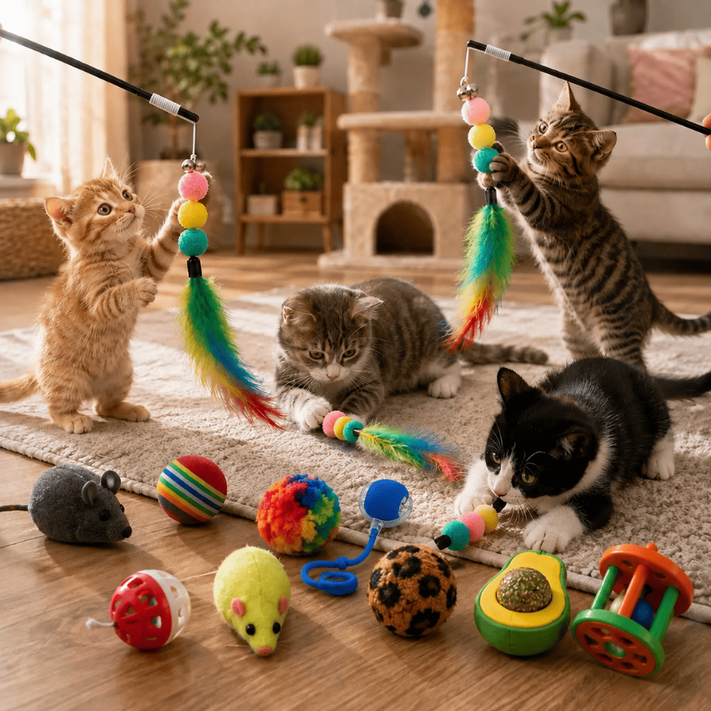 KIT Até 6 Brinquedos Para Gato, Brinquedo Interativo Inteligente Gato Pet, Com Catnip e Varinha Pena