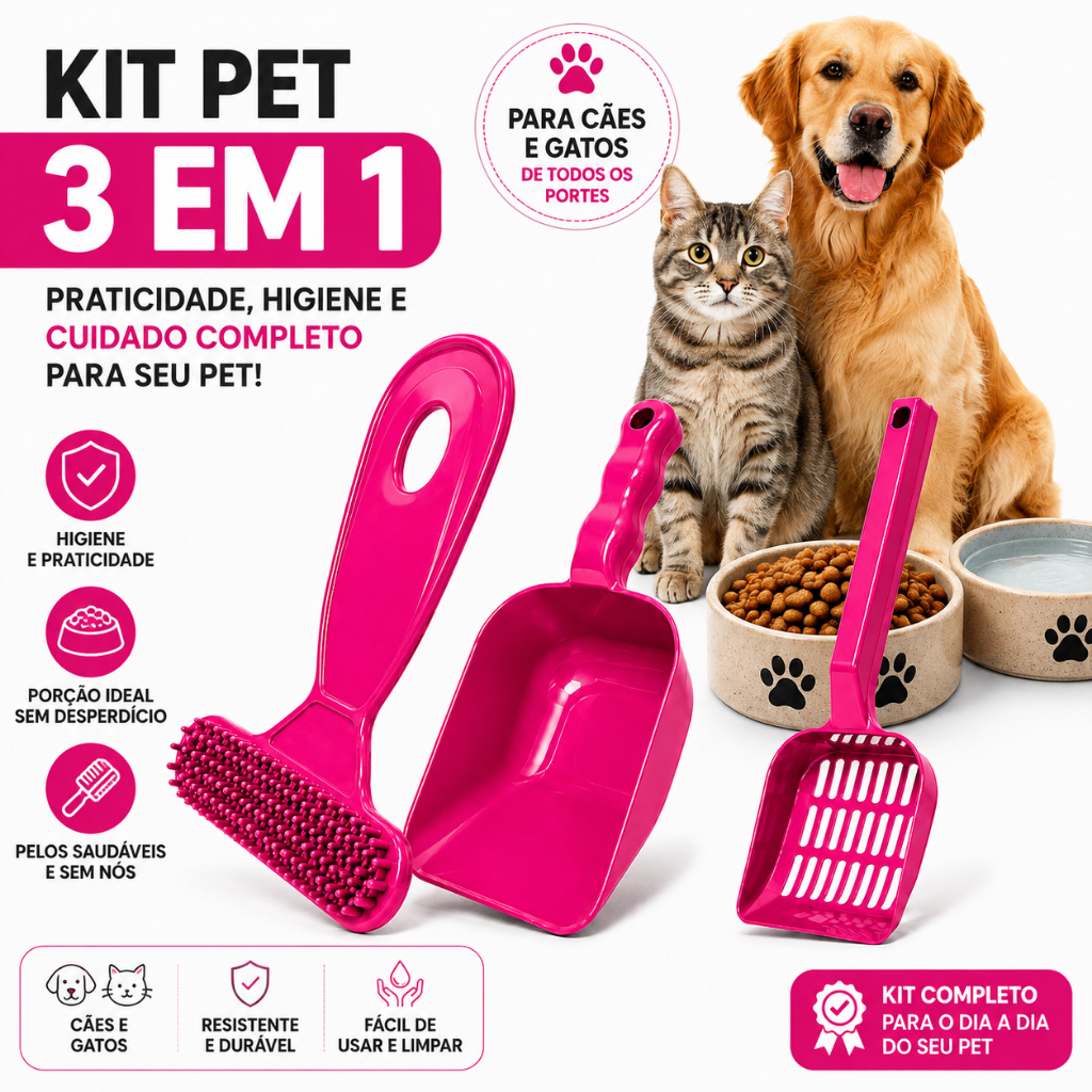 Kit Pá Pazinha Higiênica Coletora + Pá Dosadora + Escova Rasqueada Para Pentear Cachorro Gato