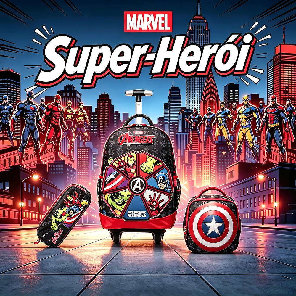Marvel Kit Mochila Infantil Super Heróis Vingadores Com Rodas Mochila Escolar+Lancheira+Estojo Volta Aula Para Menino
