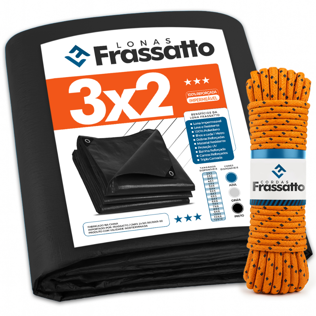 Lona Impermeavel 3x2 ou 2x3 Preta Reforçada Multiuso Piscina Proteção Uv Com Ilhós Frassatto + Corda