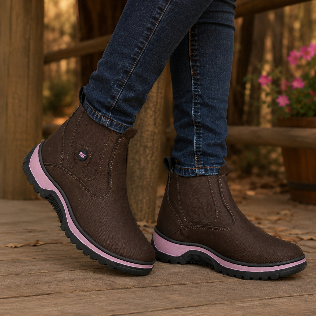 Botina Feminina Caterpillar Bota Texana Calce Facil Cano Curto Elastico nas Laterais