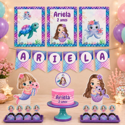 Kit Festa Ariel Sereia 🧜‍♀️ | Só um Bolinho, Mesversário e Aniversário Infantil | Decoração Infantil Personalizada