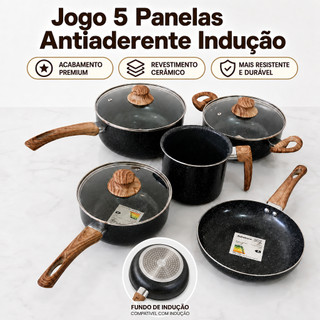 Jogo 5 Panelas Cerâmica Indução Antiaderente Tampa Vidro