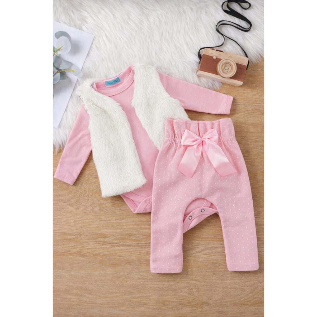 Conjunto Roupa Bebê Colete Menina Femenino Conjuntinho Frio Inverno Kit 3 Peças Roupinha Luxo laço — imagem 2 de 2