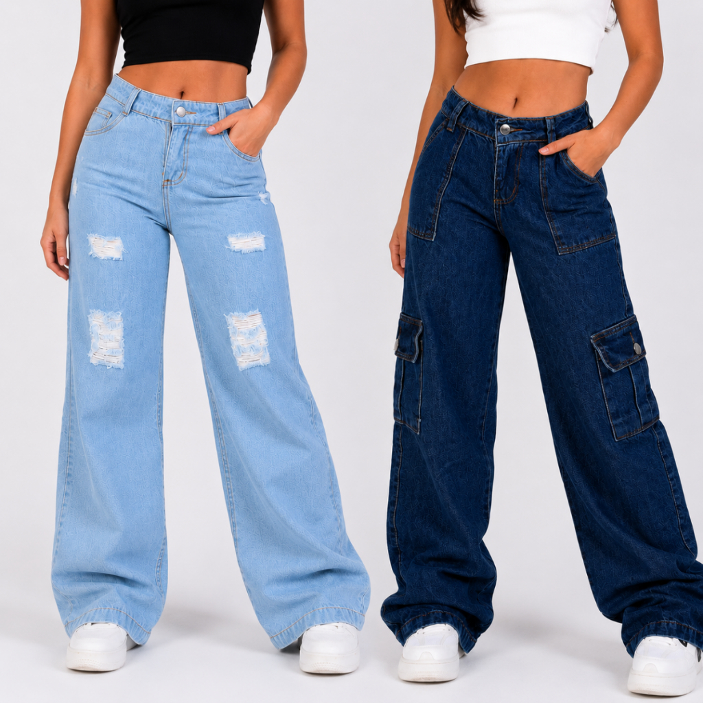 Combo calça cargo + Pantalona jeans wide leg Menina blogueirinha Juvenil 10 ao 16 anos com bolsos