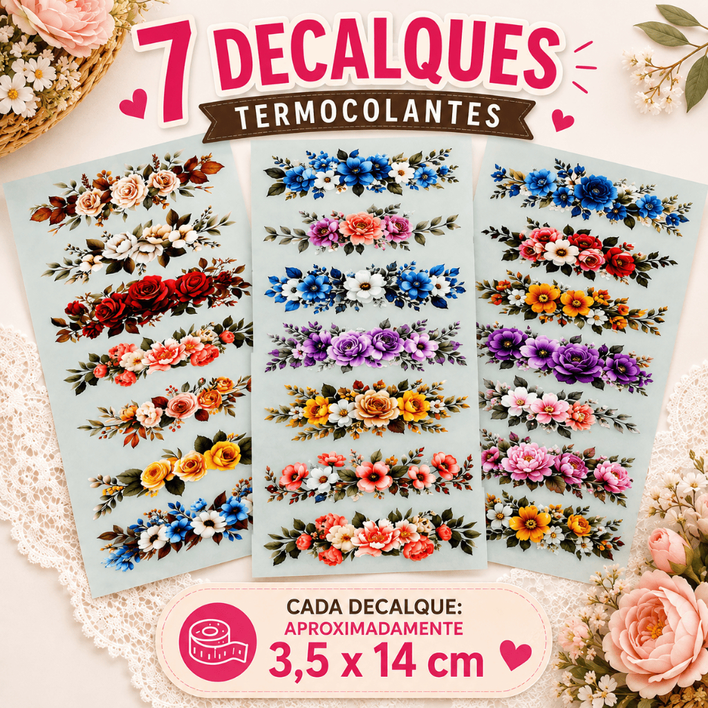 Cartela com 7 Decalques Termocolantes Premium Para Artesanato