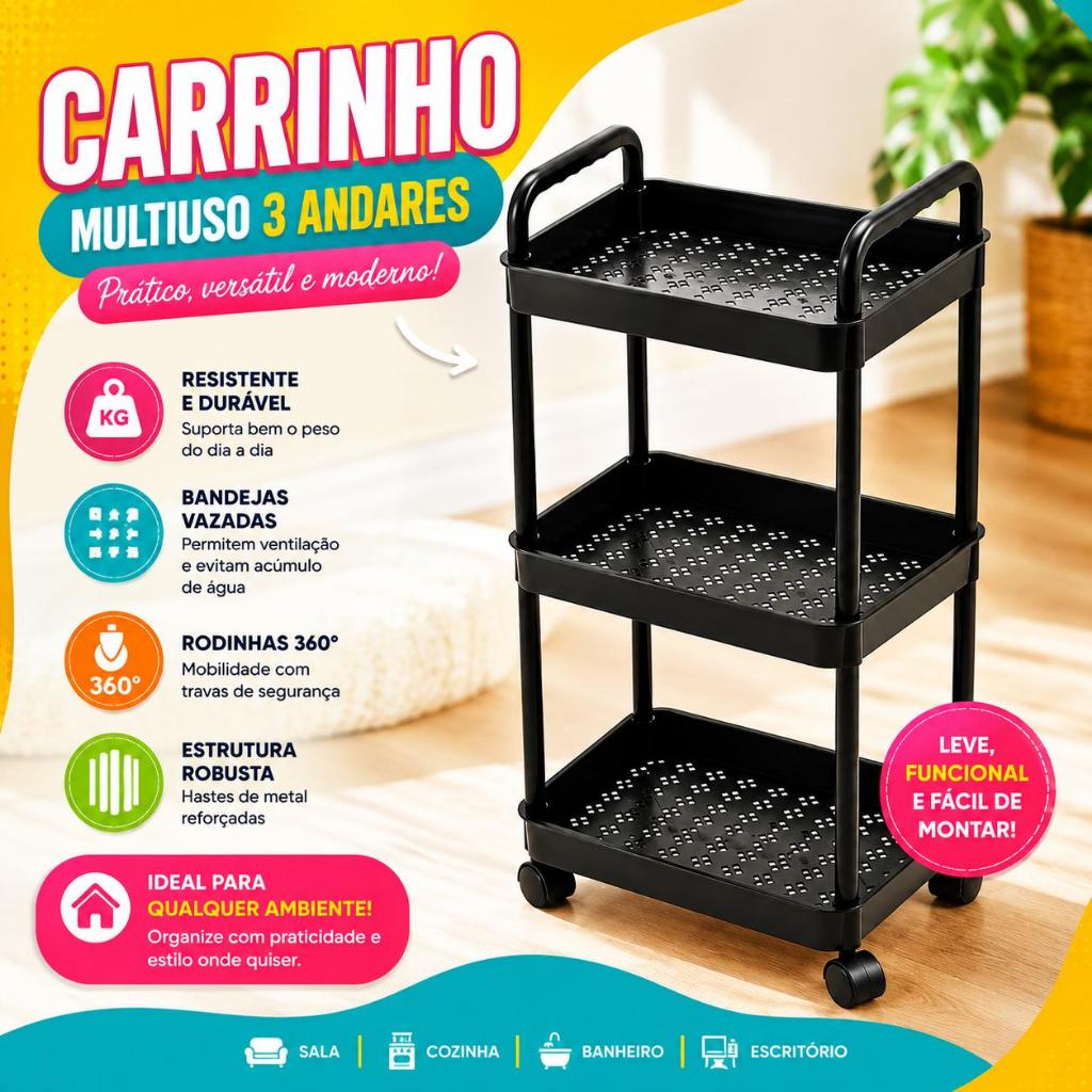 Carrinho Organizador Multiuso Com Rodinhas Banheiro Lavanderia Cozinha 3 Andares Prateleira Com Ganchos