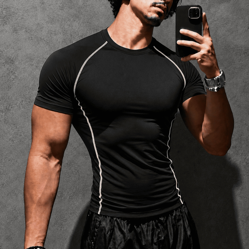 Camiseta de Compressão Masculina Costura Invertida Flatlock Academia Crossfit Elastano Preta Manga Longa Dry Musculação