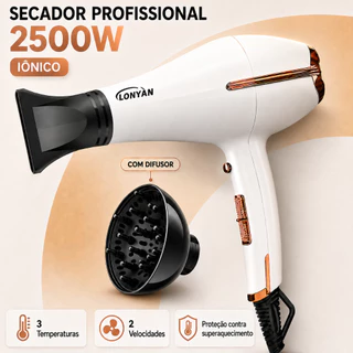 Secador de Cabelo Profissional LONYAN T33 2500W Iônico 2 Velocidades 3 Temperaturas 127V ou 220V Com