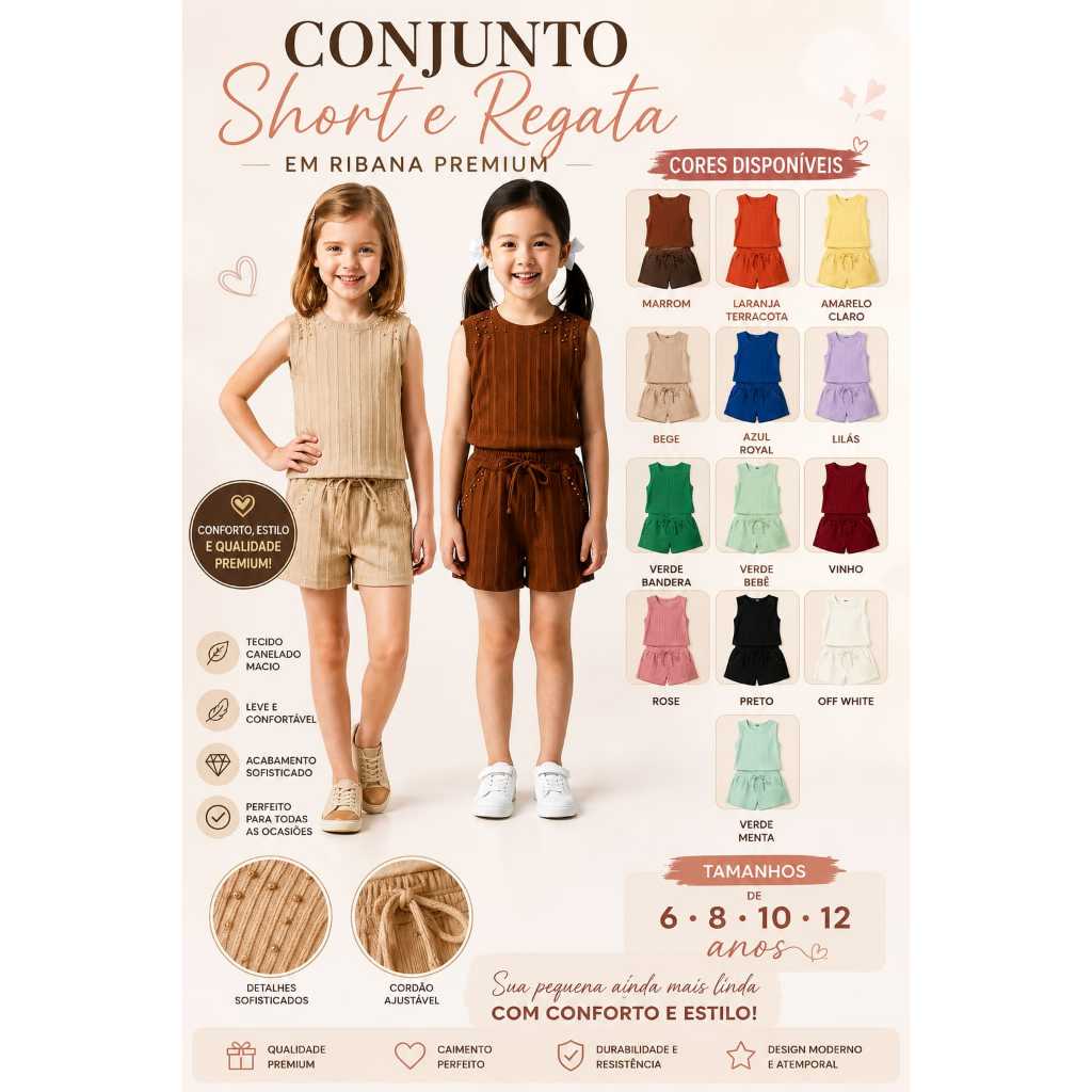 Conjunto Infantil Feminino - Blusa com Perolas  + Short Com Bolso Laterais En Ribana Premium