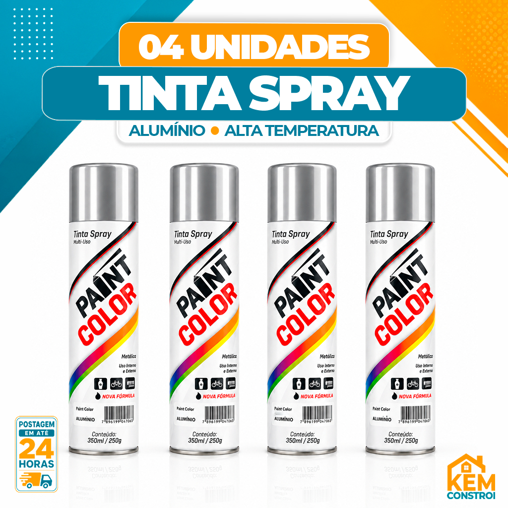 Kit Tinta Spray Alta Temp Paintcolor 400ml Alumínio 600C Lote 04 e 06 Und Escapamento Fogao Motor