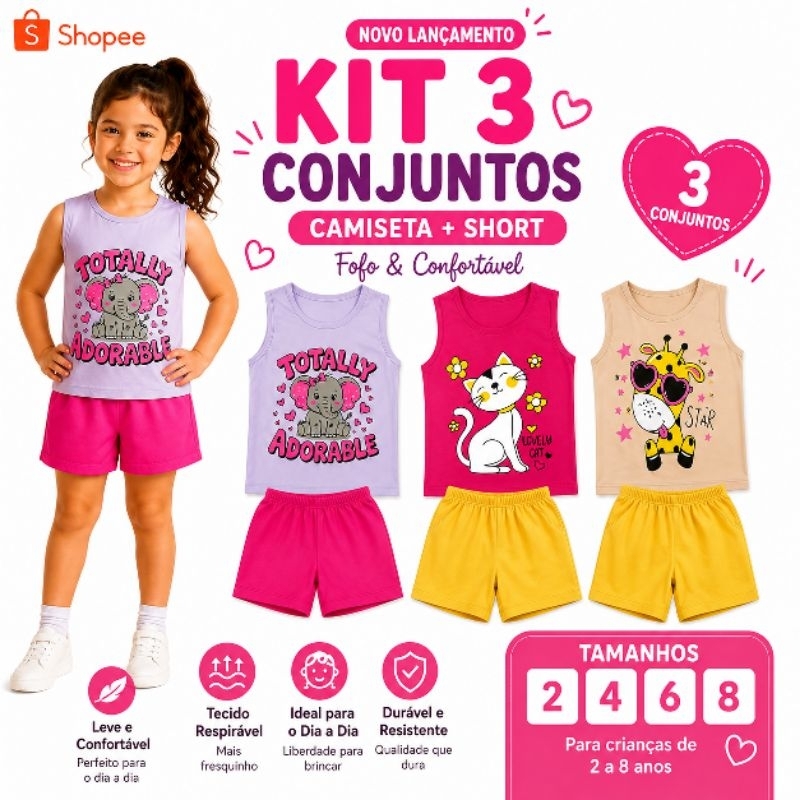 kit 3 🩷 Conjunto menina   infantil Moda Casual – Tamanhos 2 4 6 8 anos | Conjunto Blusa + Short | Look Feminino Completo