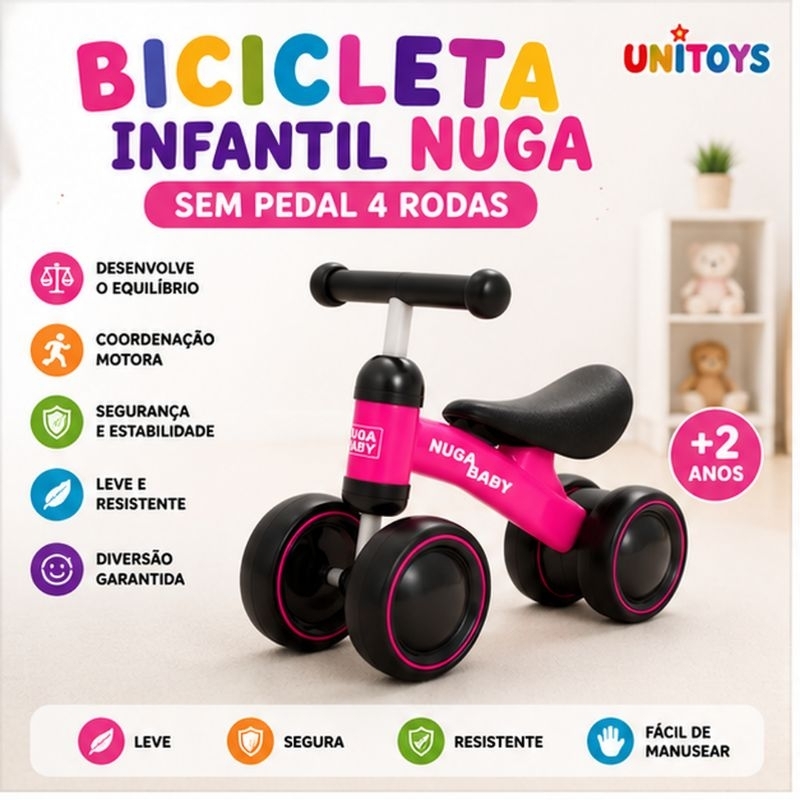 Bicicleta Infantil Nuga Sem Pedal 4 Rodas Rosa Estabilidade Seguranca Equilibrio Coordenacao Motorra
