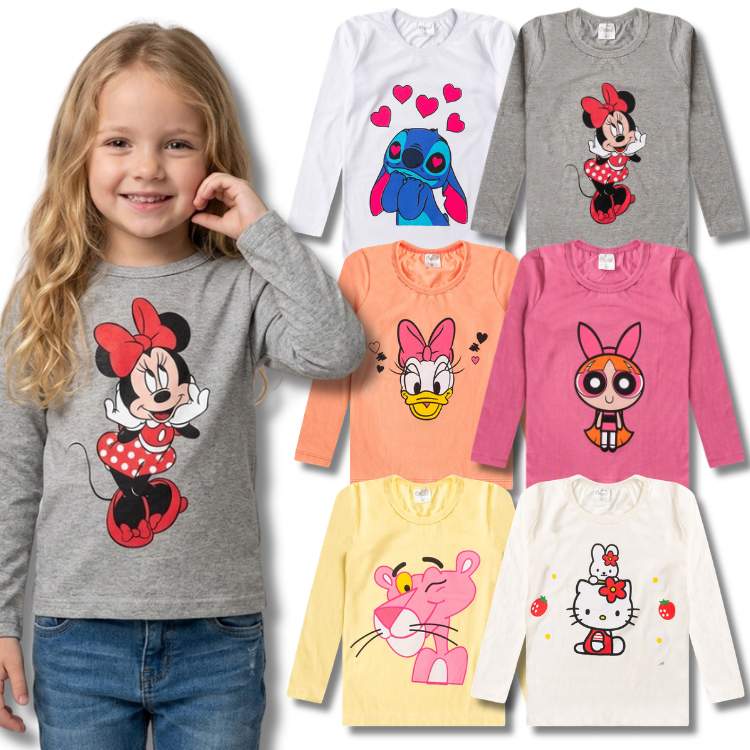 Kit 4 Blusas Manga Longa Feminina/Menina Estampada Infantil e Juvenil Meia Estação Cotton do 3 ao 16