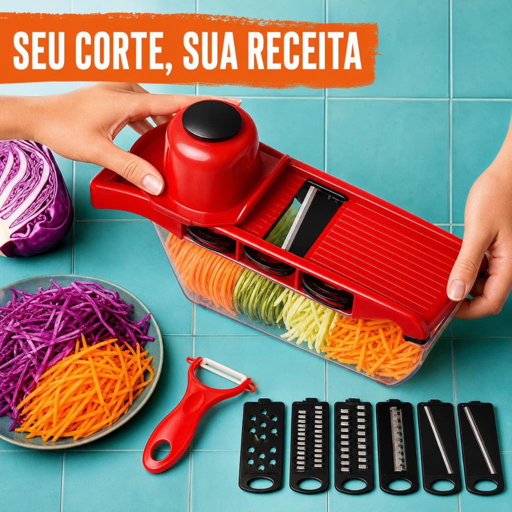 Cortador de Legumes Multifuncional com Lâminas Variadas para Você Realizar Diferentes Cortes nas Suas Próprias Receitas