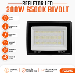 Refletor LED 300W Foxlux 6500K Branco Frio IP65 Bivolt Resistente a Água