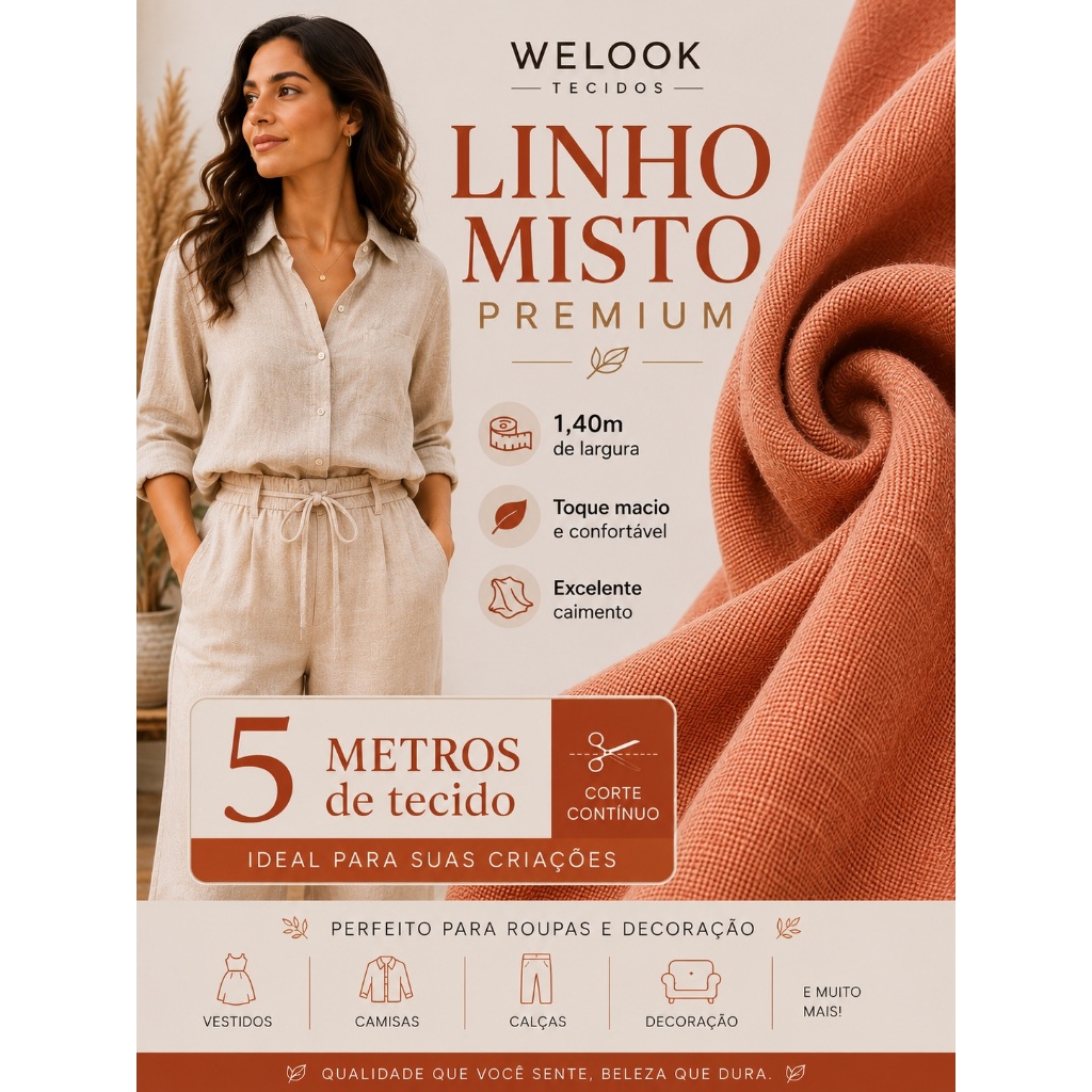 Tecido Viscolinho Linho Misto Premium 5 Metros x 1,40m Largura Leve Fresco Camisa Calça Vestido Verão Alfaiataria