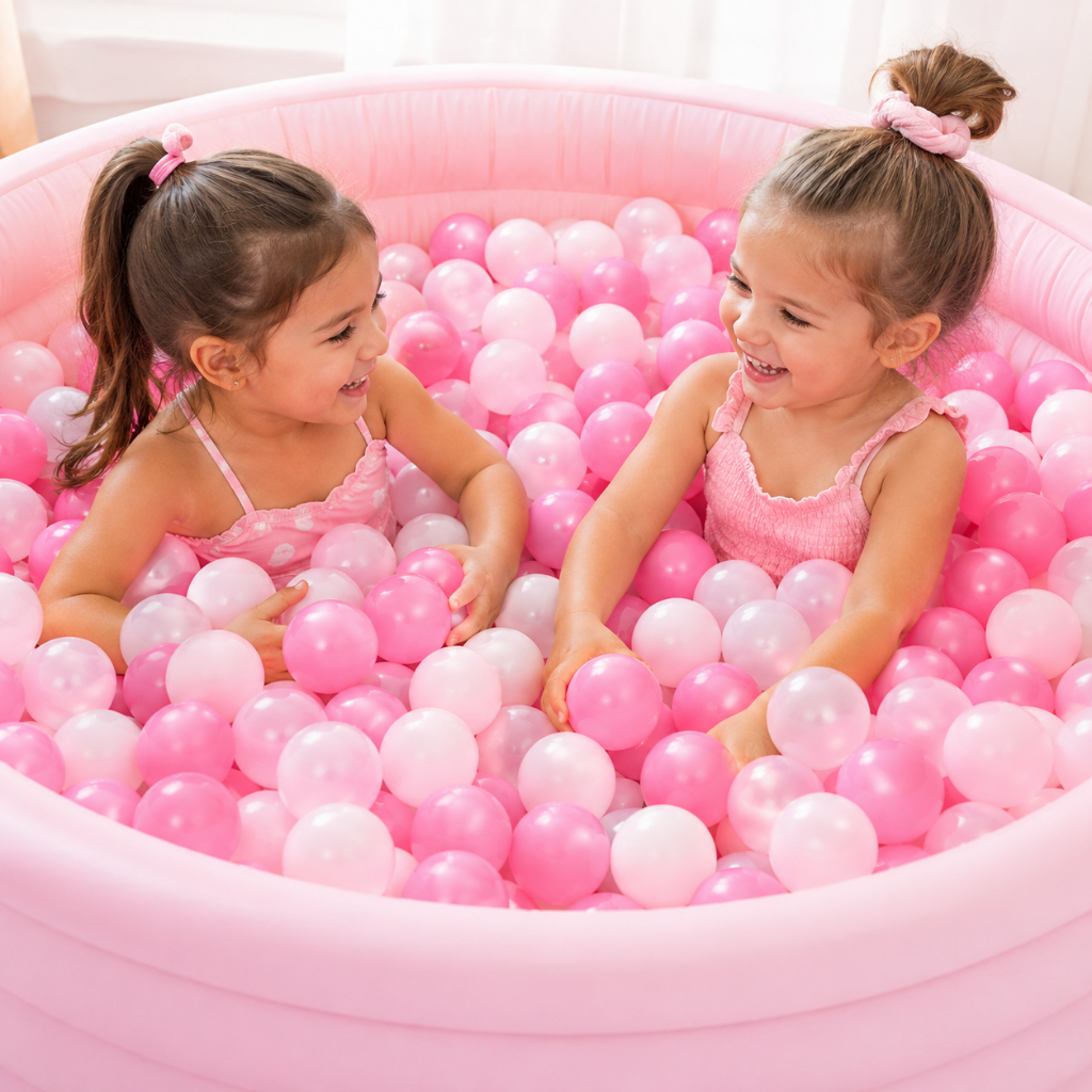 50 Bolinhas de Piscina Hello Kit Rosa Bebê Branco e Cristal Brinquedo Infantil Decoração