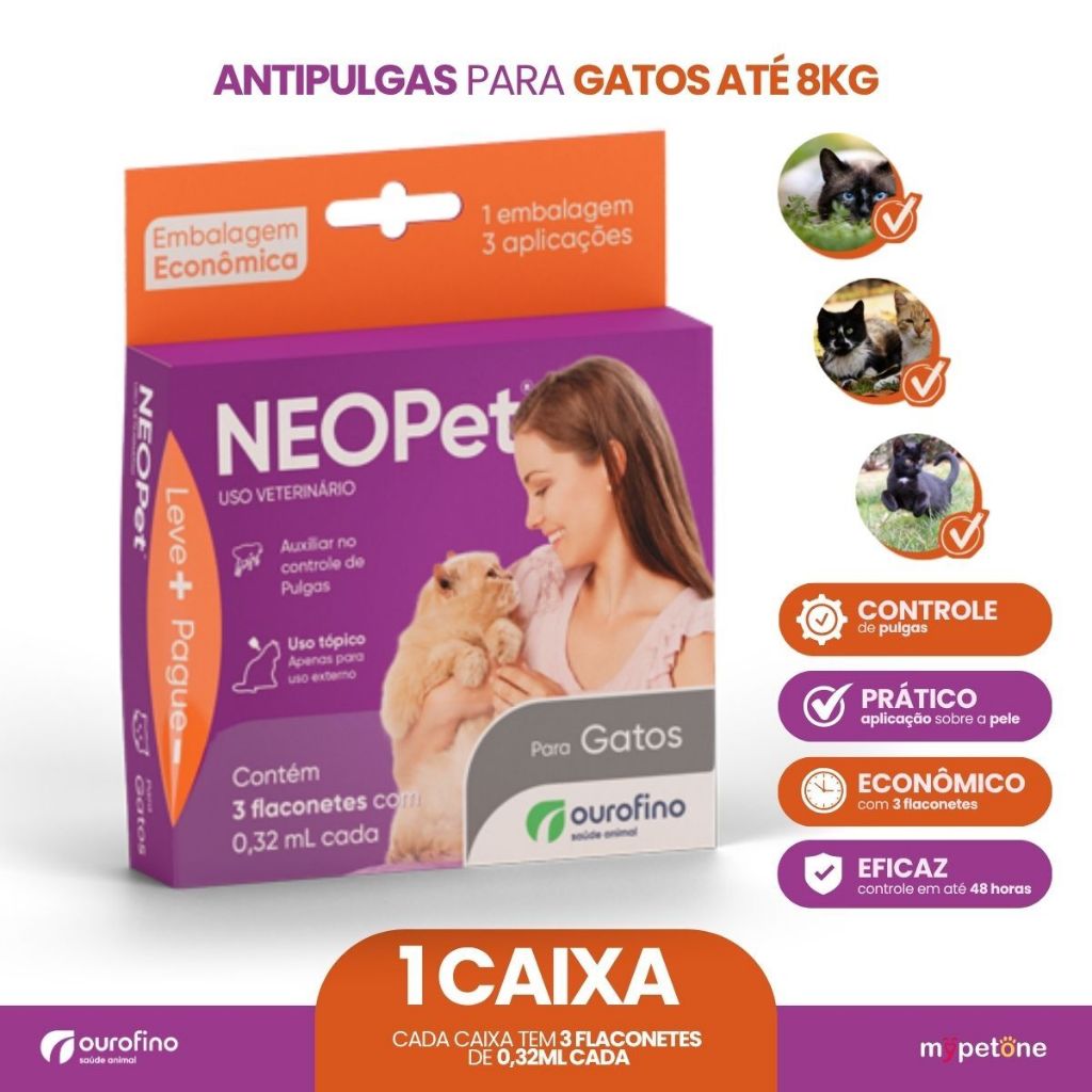 Antipulgas Neopet 0,32mL Gatos até 8Kg Ourofino 3 Flaconetes