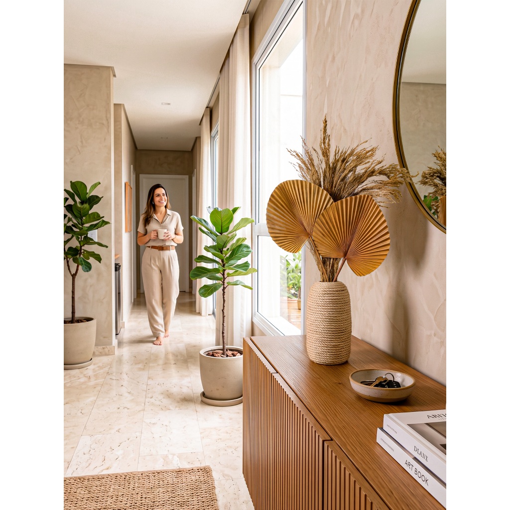 Arranjo de Flores Artificiais Palmeira Leque com Vaso de Cerâmica Revestido em Sisal e Capim Seco Estilo Boho CHic — imagem 2 de 2