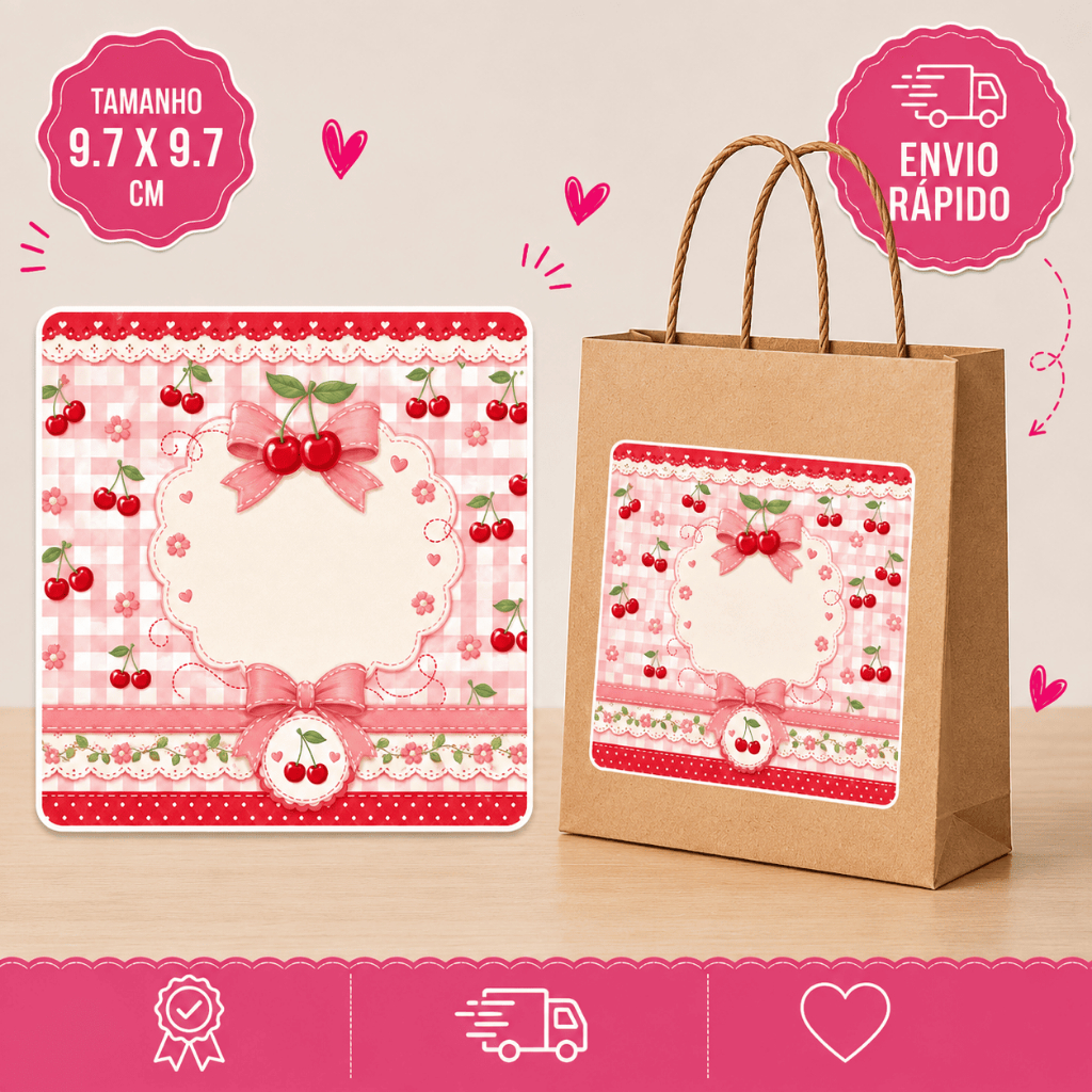 Adesivo Personalizado para Sacolinha de Aniversário Cerejinha 9,7x9,7cm | Rótulo para Lembrancinha