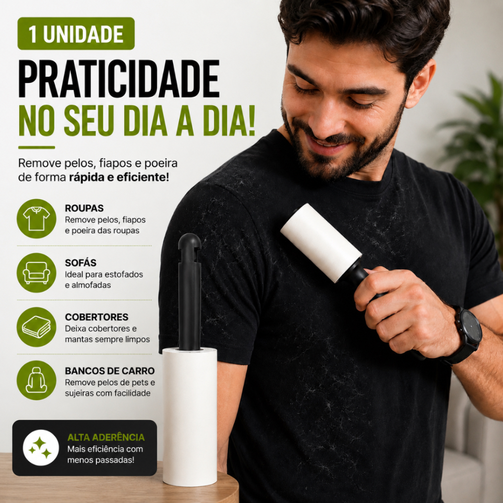 Rolo Tira Pelo Adesivo Removedor de Pelos, Fiapos e Poeira – 1, 3, 5 ou 12 Rolos