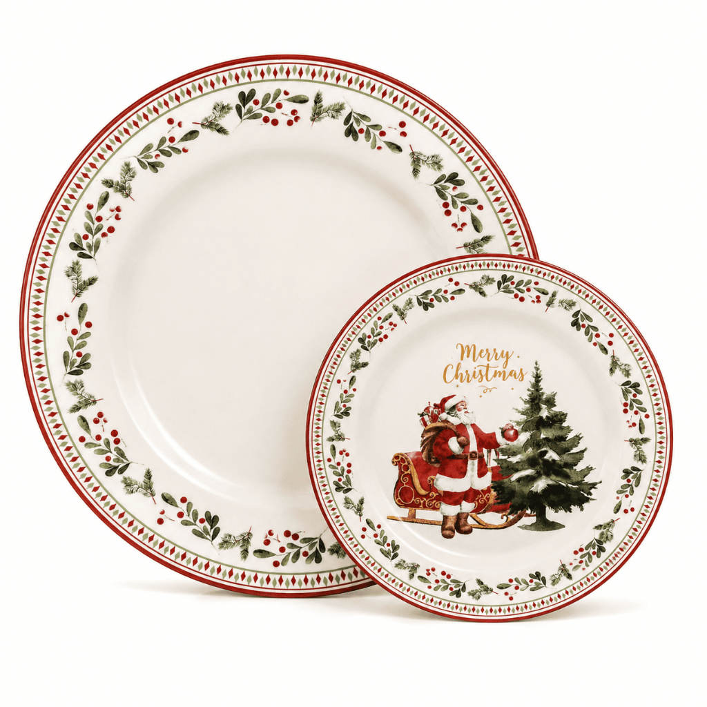 Prato de Natal Alleanza Cerâmica Mesa Posta Ceia Natalina Prato Raso e Sobremesa Papai Noel Árvore de Natal Kit 2 Peças