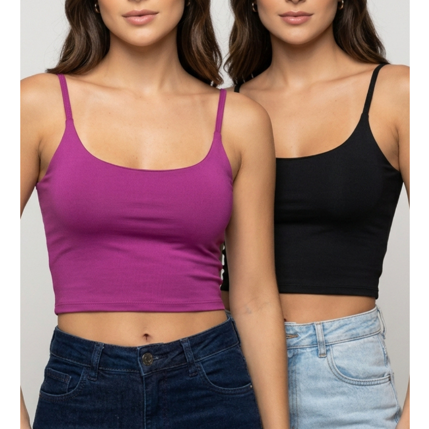 Kit 2 Top Cropped Feminino Suplex Duplo Regatinha Básica Tendencia Blusinha Confortável pra Academia