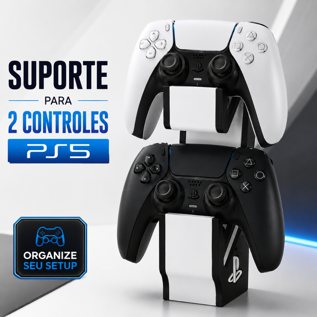 Suporte para 2 Controles PS5 DualSense Organizador de Mesa Gamer Porta Controle PlayStation 5 Preto e Branco