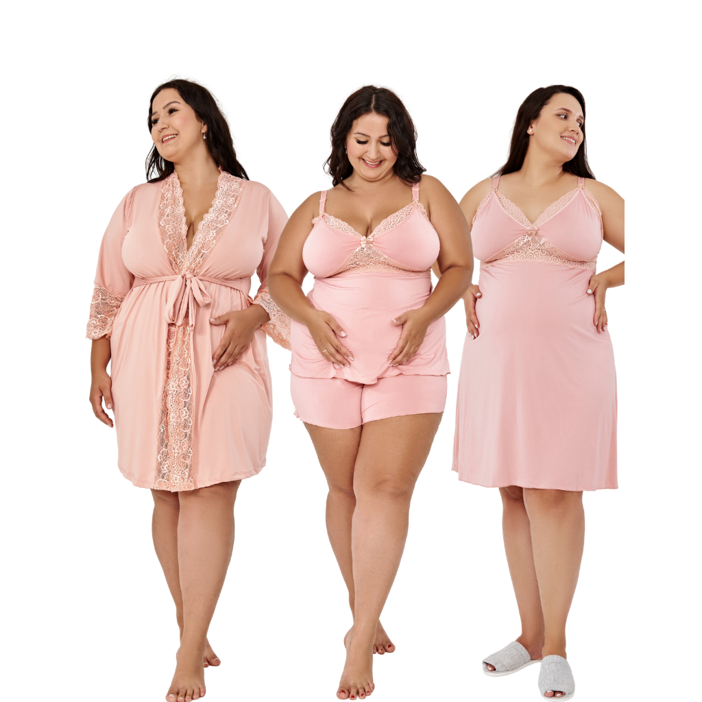 CONJUNTO MATERNIDADE PLUS SIZE CAMISOLA AMAMENTAÇÃO ROBE E SHORTDOLL PÓS PARTO