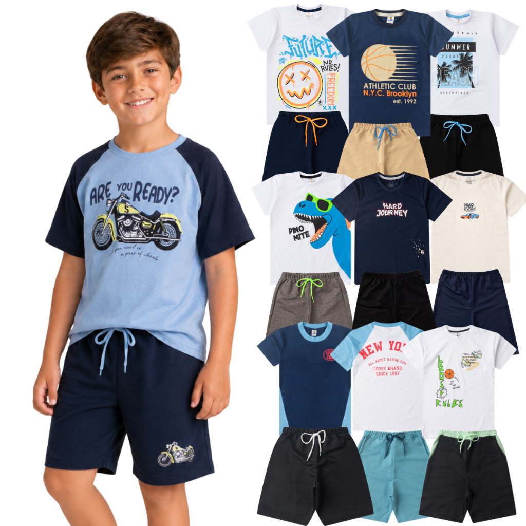 Kit 6 Peças 3 Conjunto Masculino Meninos Criança Verão Calor Dinossauro Básico Carrinho Algodão Moletinho Camiseta Short