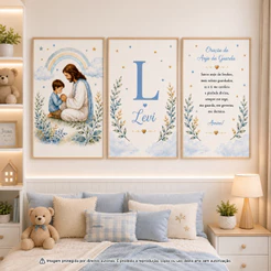Kit 3 Quadros Infantil Jesus e Oração Anjo da Guarda Personalizado com Nome Decoração Quarto Menino Bebê Azul