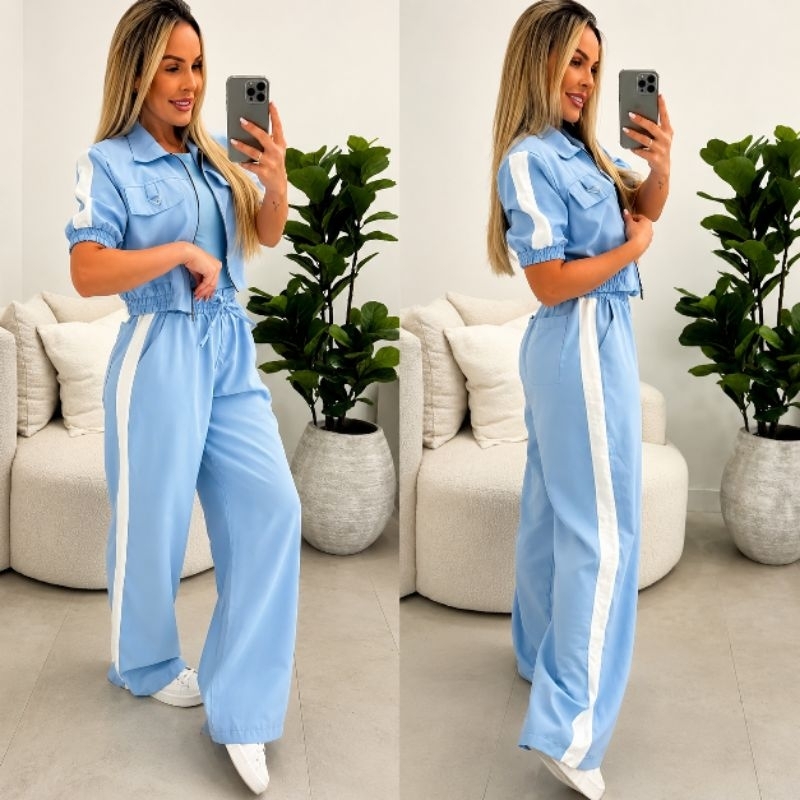 Conjunto Aerolook Alfaiataria Premium Camisa Crooped Manga Curta + Pantalona com Listra Lateral, Elegante e Confortável