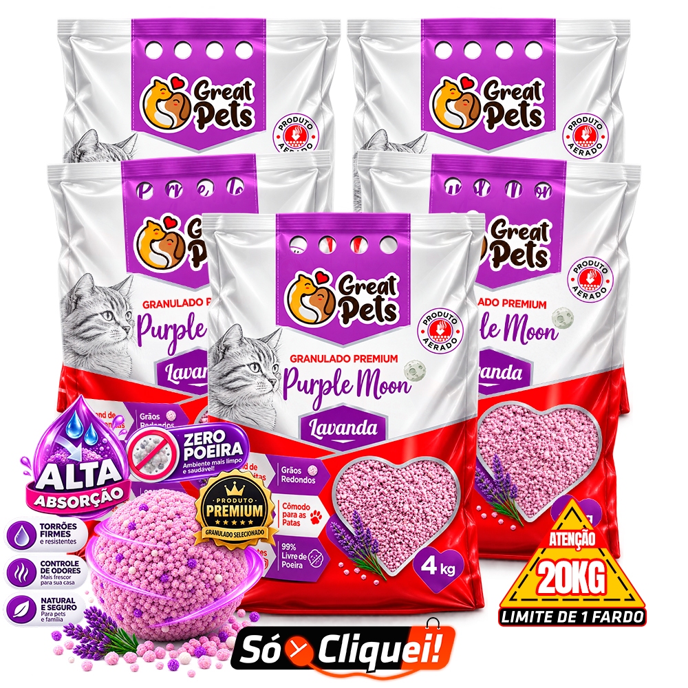 Kit 5 Pacotes Areia Higiênica de Gato Purple Moon 20KG Great Pets Bentonita Com Lavanda Alta Absorção Evita Odores