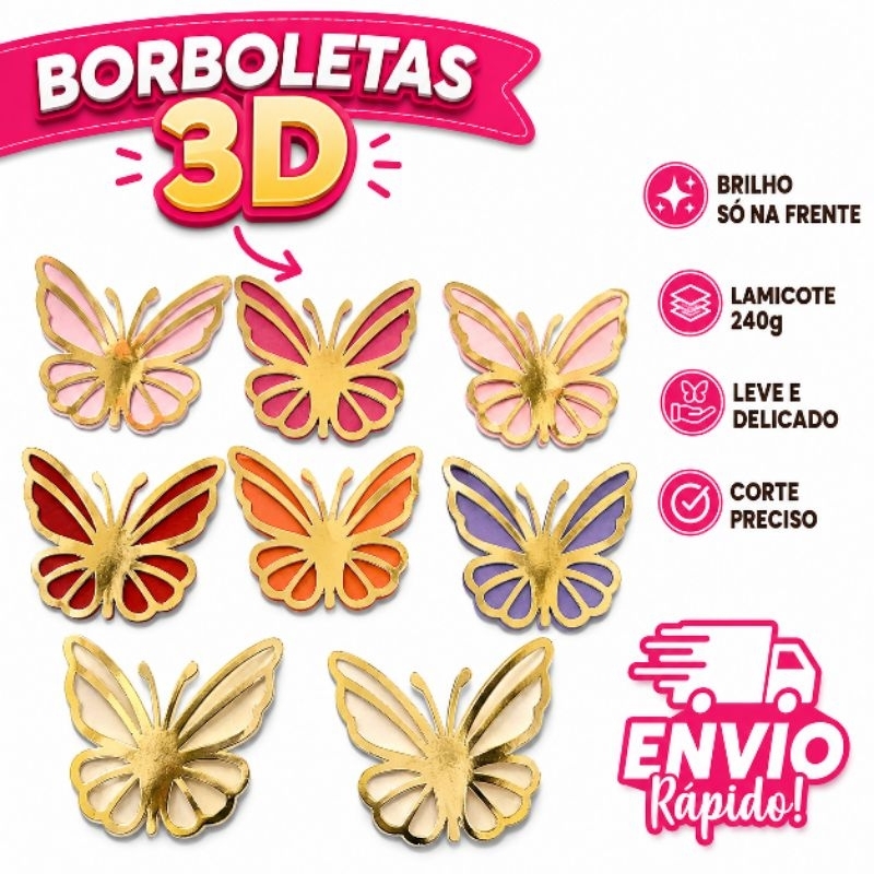 Aplique Borboleta 3D em Lamicote 240g | DOURADO I Jardim das Borboletas | Jardim Encantado | Festa e Lembrancinhas