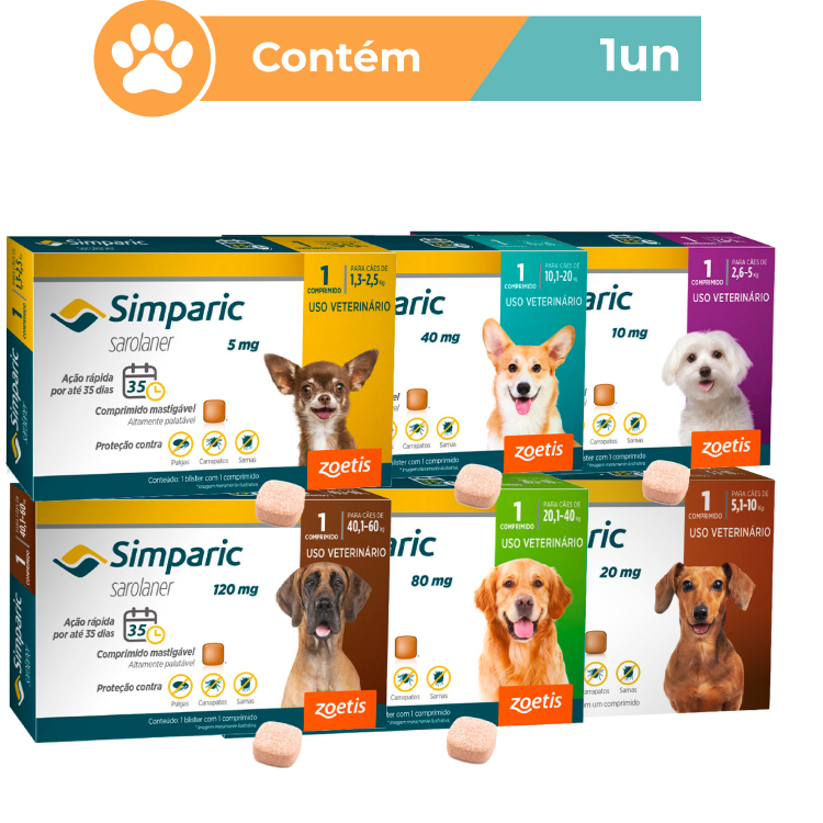 Antipulgas e Carrapatos para Cães Simparic de 1,3 kg a 60kg - 1 Comprimido - Zoetis