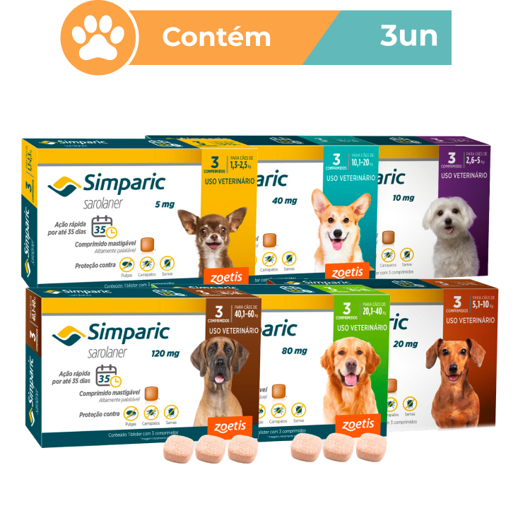 Simparic 40mg Antipulgas Carrapatos Sarnas Cães 1,3 a 40kg 3 Comprimidos