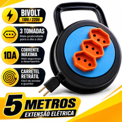 Extensão Elétrica Retrátil Redonda 5 Metros 3 Tomadas 10A Bivolt 110V/220V