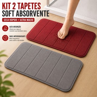 Kit 2 Tapete Banheiro Soft Antiderrapante Absorvente Macio Secagem Rápida Lavável 60x40cm para Box