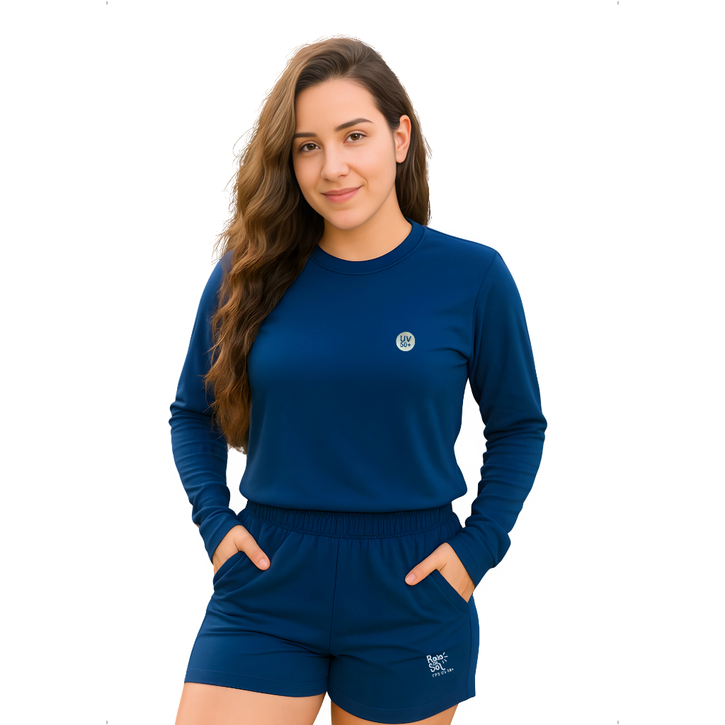Kit 2 Peças, Blusa e Short de Proteção Solar UV +50 Segunda Pele Feminino Corta Vento