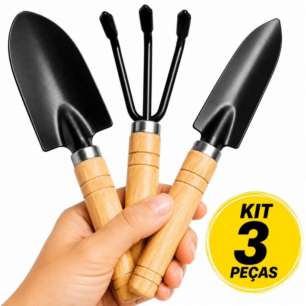 Kit Mini Jardinagem Ferramentas 3 Peças Pá Ancinho Madeira Vasos Plantas Bonsai Suculentas 17cm