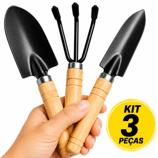 Kit Mini Jardinagem Ferramentas 3 Peças Pá Ancinho Madeira Vasos Plantas Bonsai Suculentas 17cm