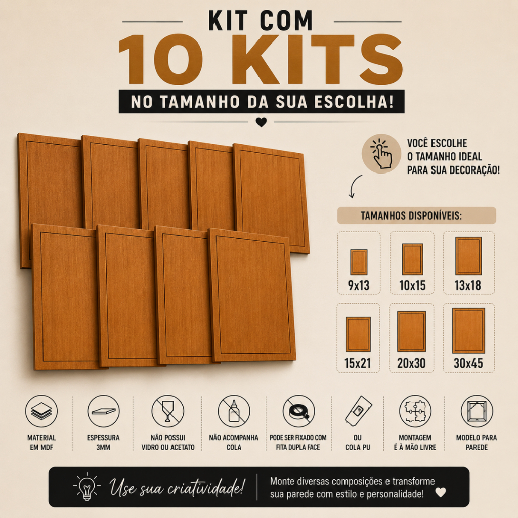 Kit 10 Placas em MDF para Porta Retrato Para Fotos na Parede 9x13 10x15 13x18 15x21 20x30 30x45