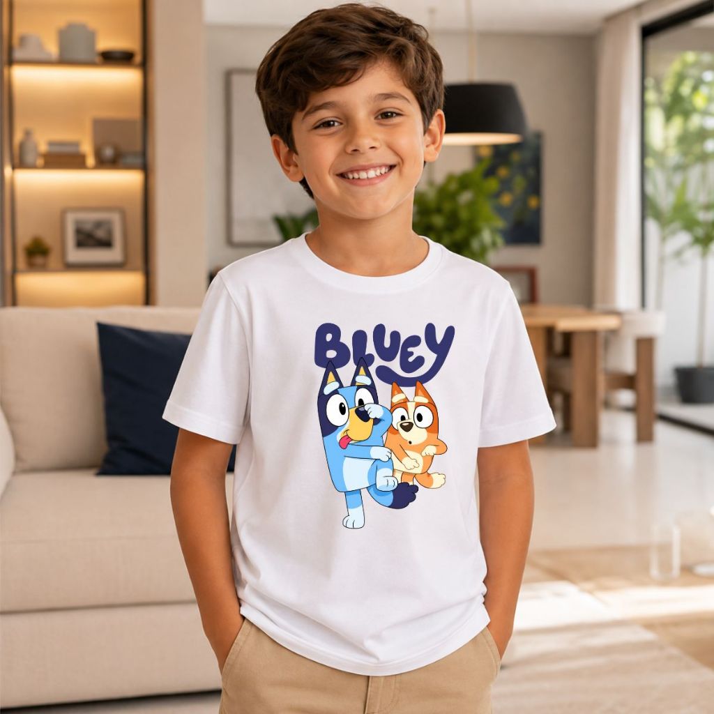 Camiseta Infantil Estampada Bluey 100% Algodão Tecido Leve Confortável Moda Kids Estilosa Lançamento Envio Imediato