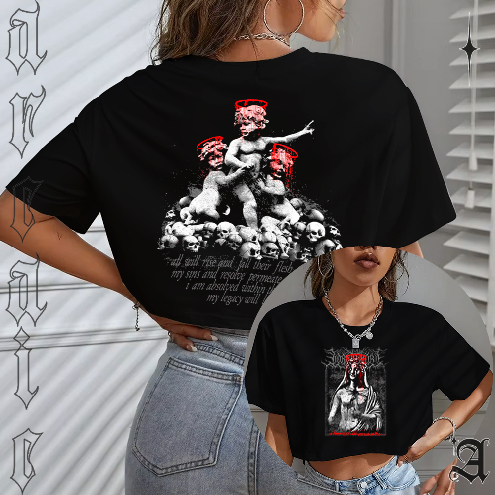 Camiseta Cropped Oversized Anjo Gótico Streetwear Cyber Y2K Estampada Feminina Algodão Estética Dark Presente Fã