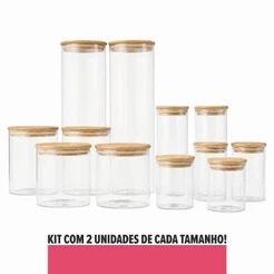 Kit 12 Un. Potes Herméticos de Vidro Tampa Bambu Vedação Silicone Mantimentos Cozinha Completo