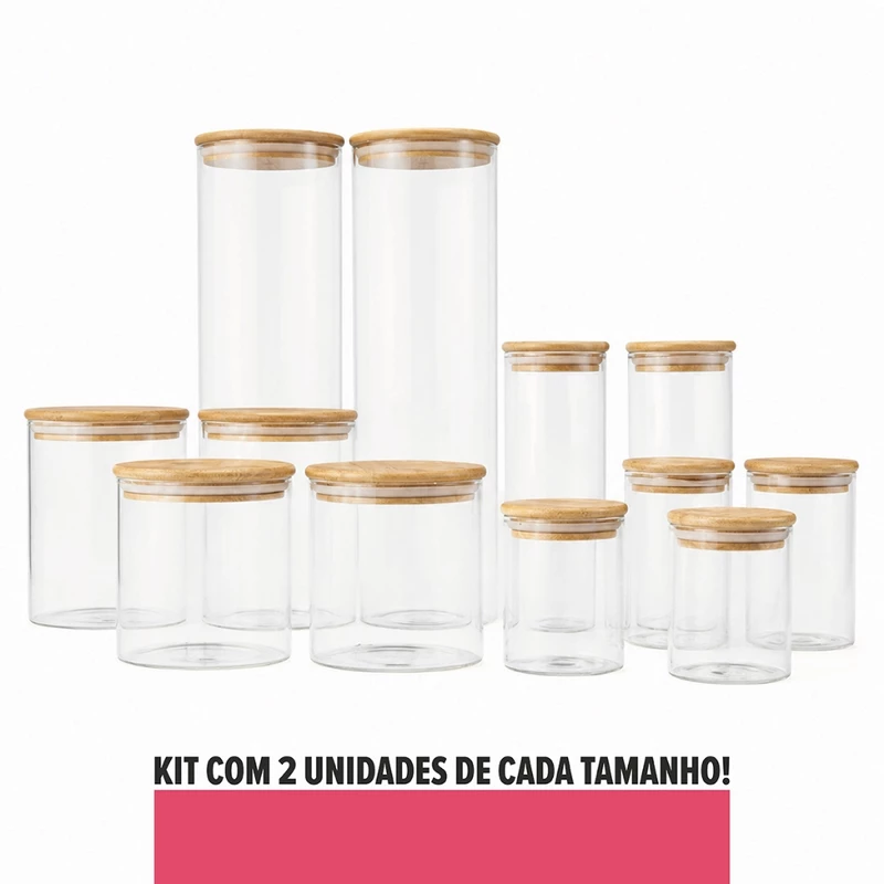 Conjunto com 12 Potes Herméticos de Vidro Tampa de Bambu para Organizar — foto 3