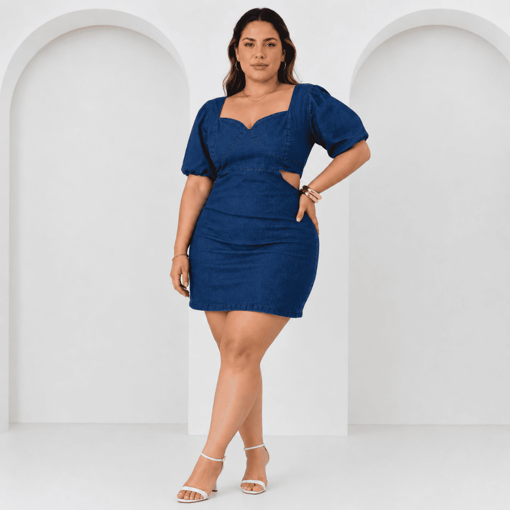 Vestido Jeans Feminino Plus Size Frente Única Curto Manga Bufante Com Lycra — imagem 2 de 2